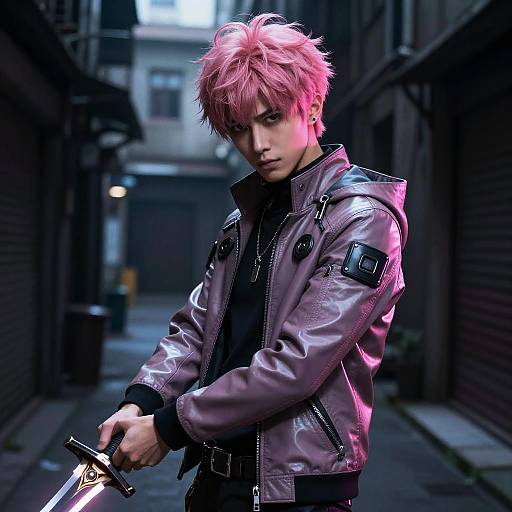 Photorealistic anime-style photograph of a pink-haired young man with spiky hair, wearing a shiny purple leather jacket, holding a glowing sword in a