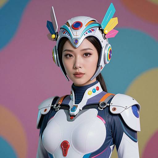 Digital artwork of an Asian woman in a futuristic, white and colorful armored suit with vibrant feathers on her helmet, set against a pastel swirl background.