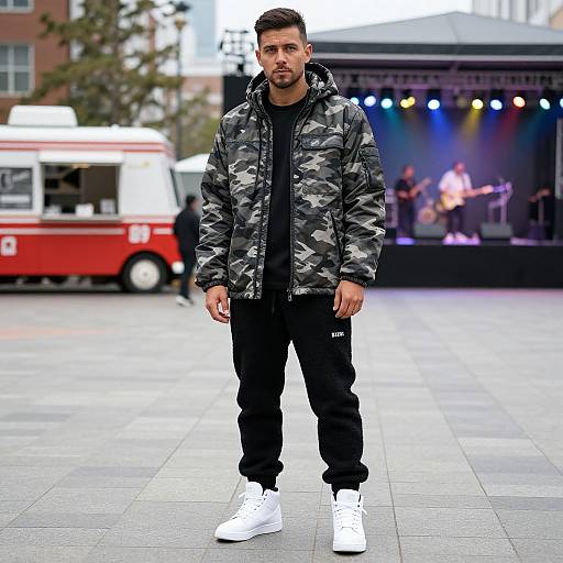 Photograph of a young man with short dark hair, medium build, wearing a camouflage jacket, black hoodie, black sweatpants, and white sneakers,