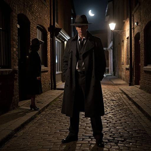 Photograph of a serious, middle-aged man in a long black trench coat, fedora, and tie, standing on a dimly lit, cob