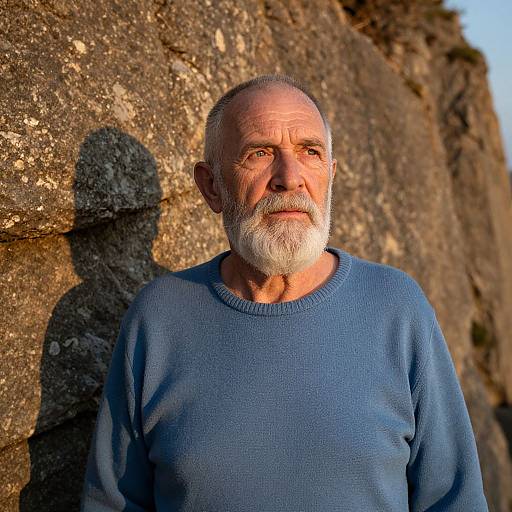 Photograph of an elderly white man with a bald head and white beard, wearing a blue sweater, standing against a rocky background with his shadow cast on