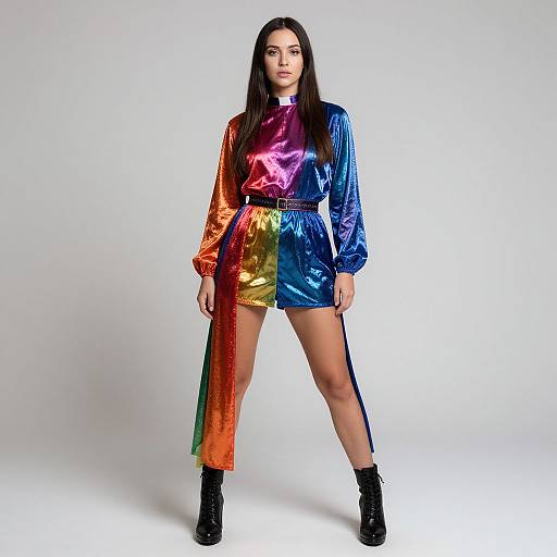 Photograph of a woman with long dark hair wearing a vibrant, multi-colored metallic long-sleeve top and shorts, black ankle boots, standing against