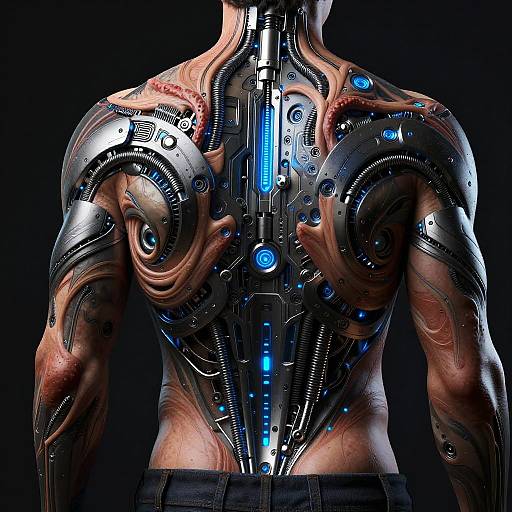 CGI image of a muscular, shirtless male with cybernetic enhancements, featuring glowing blue circuits and mechanical limbs against a black background.