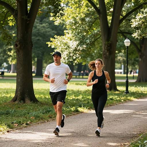Photograph of a man and woman jogging on a sunlit park path, wearing white and black athletic gear, surrounded by trees.