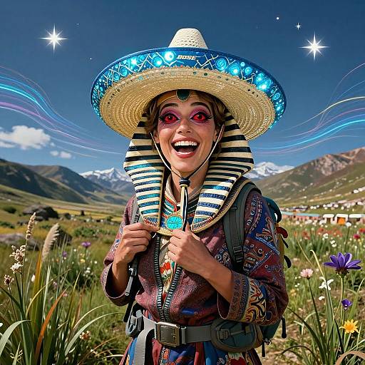 Photograph of a smiling woman in a colorful Mexican hat and traditional attire, holding a cactus charm, set against a vibrant mountain landscape with a clear