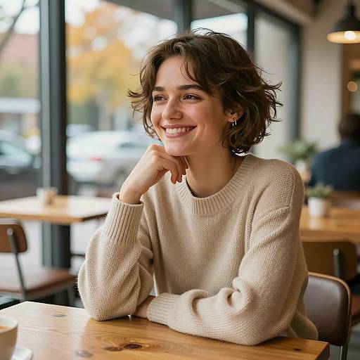 Young Woman Smiling in Cozy Café