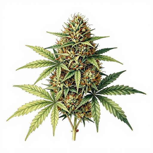 Detailed watercolor illustration of a mature cannabis plant with green, serrated leaves and dense, spiky buds against a white background.