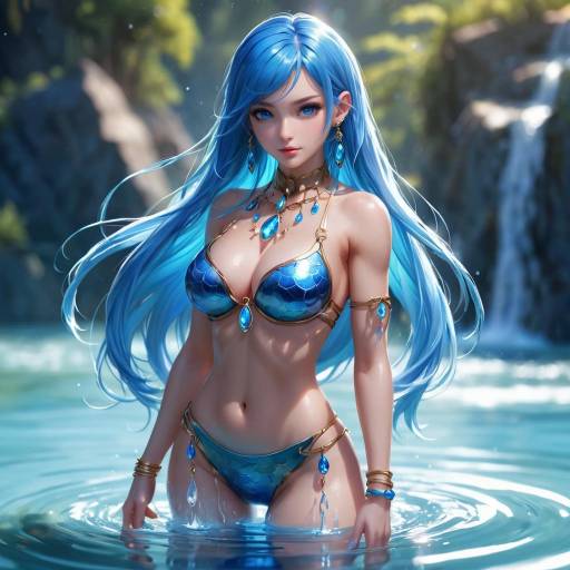 Anime Girl in Blue Bikini with Long Hair in Water