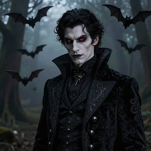 Photograph-style digital artwork of pale, red-eyed vampire with black curly hair, dark ornate coat, and black lipstick, surrounded by flying bats in