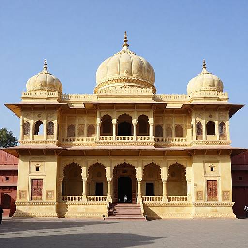 Photograph of a yellow sandstone Indian haveli with three domes, arched doorways, and intricate carvings, set against a