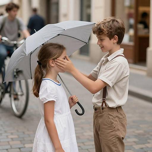 Young Boy Covers Girl on Cobblestones