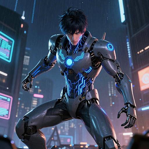 Futuristic Cybernetic Warrior in Neon City