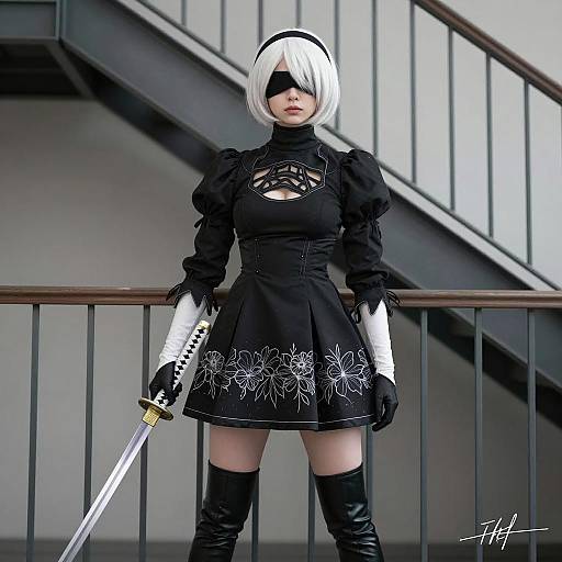 Elegant Warrior on a Narrow Balcony