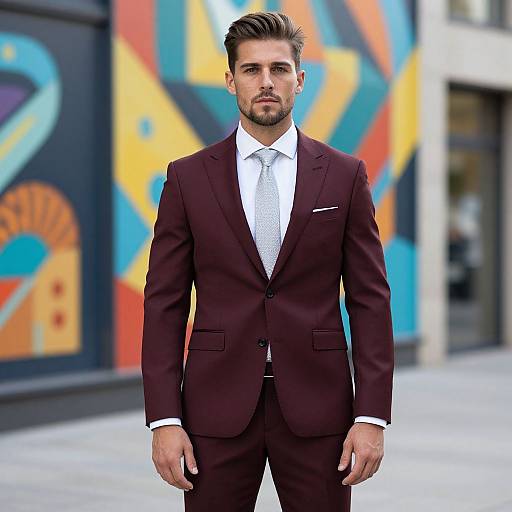 Confident Man in Maroon Suit Urban