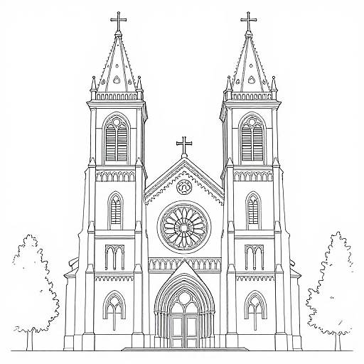 Black and white line drawing of a Gothic-style church with two towers, arched windows, circular rose window, and ornate facade.