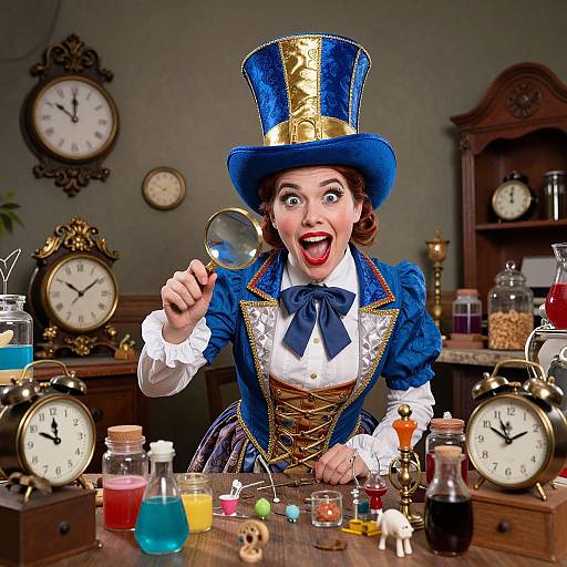 Photograph of a surprised woman in Victorian steampunk attire, blue top hat, white shirt, corset, holding magnifying glass, surrounded by