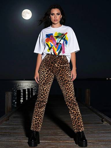 Photograph of a woman with dark curly hair, wearing a white graphic t-shirt and leopard print pants, standing on a moonlit wooden dock.