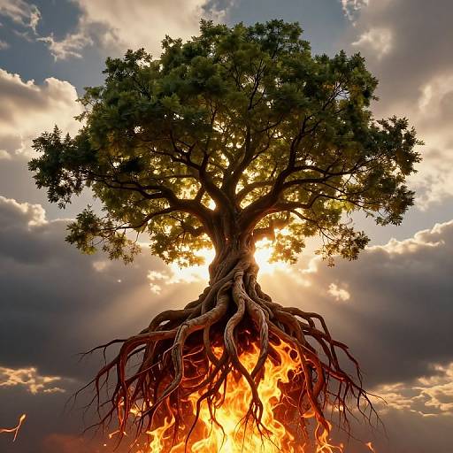 Photograph-style digital art of a towering tree with deep roots engulfed in bright flames, set against a dramatic, cloud-filled sunset sky.