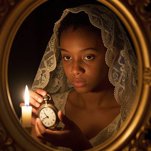 Photograph of a young Black woman with lace veil, holding a lit candle and antique pocket watch, reflected in a golden-framed mirror, with a