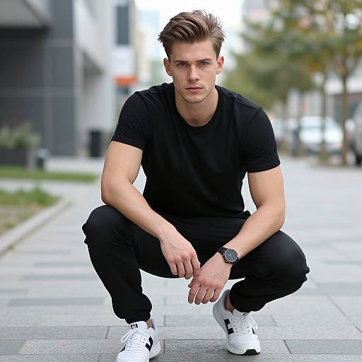 Photograph of a muscular young man with short brown hair, crouching on a city sidewalk. He wears a black t-shirt, black pants,