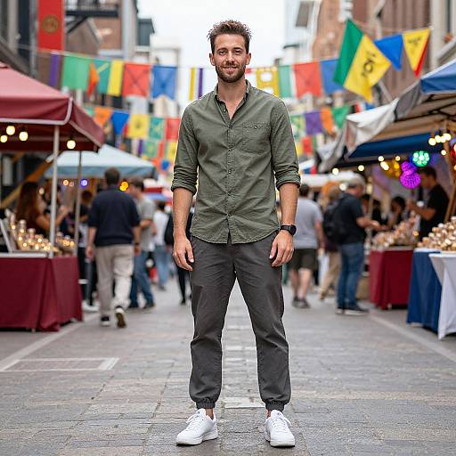 Photograph of a bearded man in a green button-up shirt and black pants, standing in a vibrant outdoor market with colorful flags and stalls.