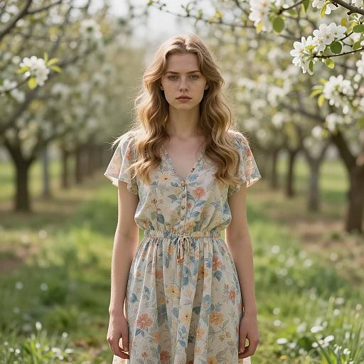 Young Woman in Floral Dress Standing in Orchard