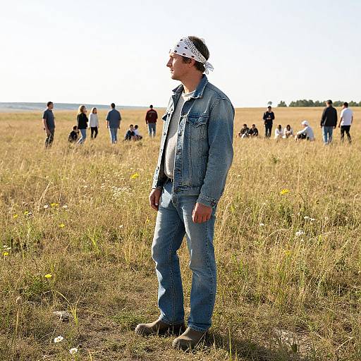Photograph of a man in a denim jacket and blue jeans, wearing a white bandana, standing in a sunlit grassy field, with people