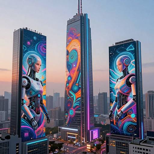 Photograph of three neon-lit skyscrapers in a cityscape at dusk, featuring vibrant, cyberpunk-style digital artwork of robotic female figures with
