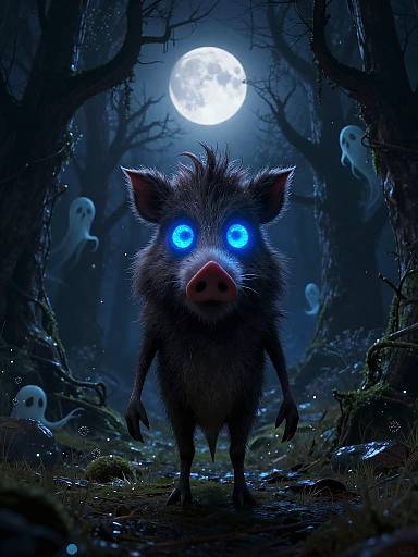 Digital artwork of a glowing blue-eyed, eerie pig-like creature with a pink snout, standing in a dark, ghost-filled forest under a full moon