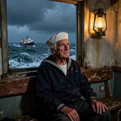 Photograph of elderly white sailor with white cap and black uniform, sitting by window, watching stormy seas, lit by warm lantern.