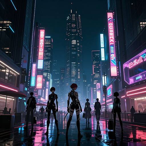 Neon-lit, cyberpunk city street at night; silhouetted figures walk under vibrant, colorful signs; wet, reflective pavement; towering