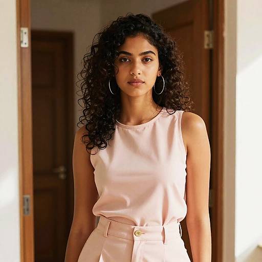 Young woman in light pink outfit standing in doorway