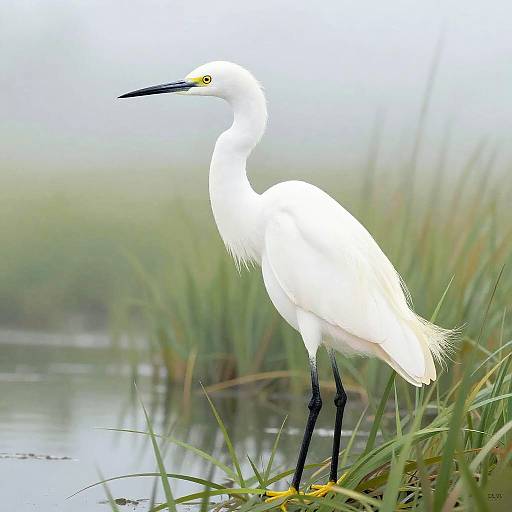 Serene Snowy Egret in Misty Wetland