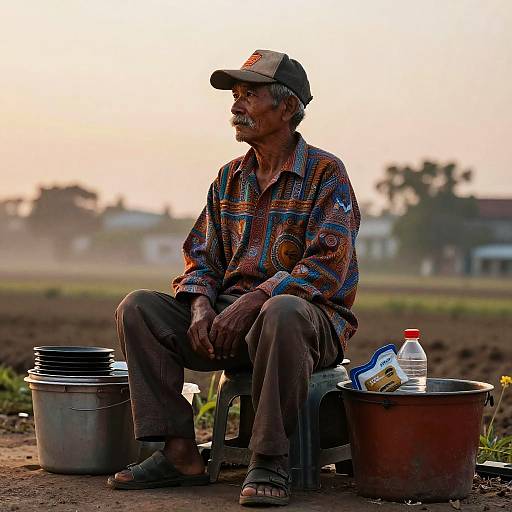 Portrait of Elderly Street Vendor at Sunset