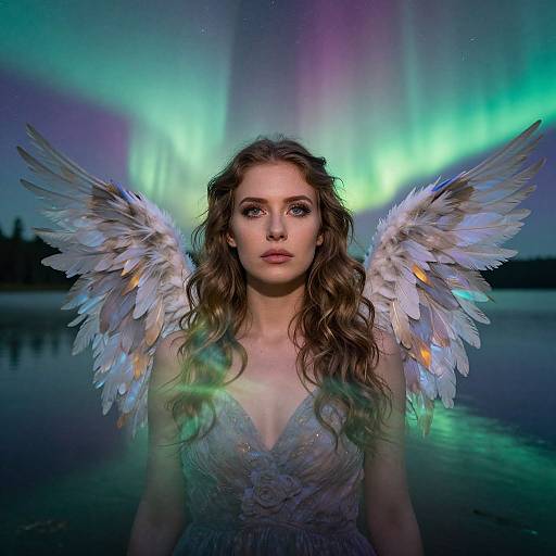 Photograph of a young woman with long brown hair and white angel wings, wearing a lace dress, standing in front of vibrant aurora borealis lights