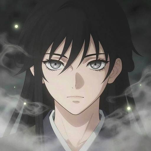 Anime-style digital drawing of a serious young man with long black hair, pale skin, and blue eyes, surrounded by misty smoke.