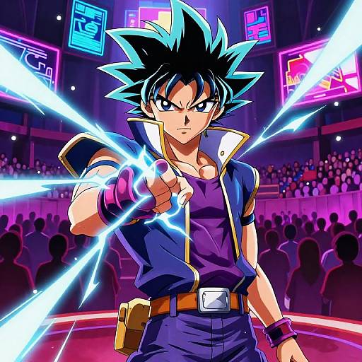 Digital anime artwork of spiky-haired male character with blue and black hair, pointing forward with glowing blue energy, in a neon-lit arena with cheering