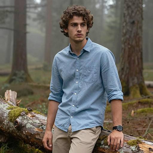 Photograph of a curly-haired young man with fair skin, wearing a light blue button-up shirt and beige pants, leaning against a moss-covered log in