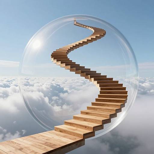 Digital illustration of a wooden staircase spiraling inside a transparent bubble, floating above fluffy clouds against a bright blue sky.
