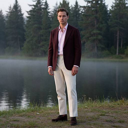 Photograph of a young man in a dark blazer, white pants, and checkered shirt standing by a misty lake with evergreen trees in
