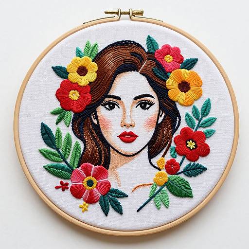 Vibrant embroidery in a wooden hoop featuring a red-lipped woman with brown hair, surrounded by colorful flowers and green leaves.