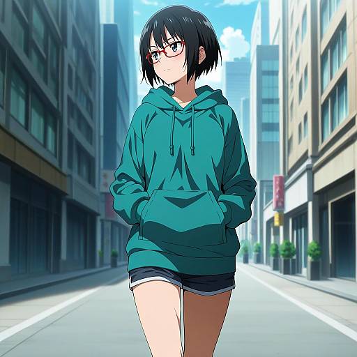 Anime Girl Walking Outdoors with Glasses