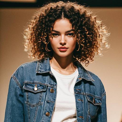 Curly Hair Fashion Model in Denim Jacket