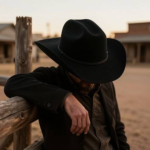 Photograph of a solitary cowboy in a black hat and dark clothing, leaning on a wooden fence, with a blurred Western town background at sunset.