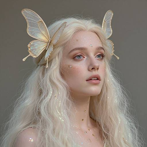 Photograph of a fair-skinned, blonde woman with long, wavy hair, wearing translucent golden butterfly headpieces, and sparkling gold accents on her