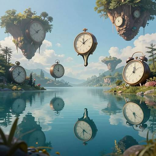 Photorealistic digital art: floating antique clocks above serene lake, reflecting in calm water, surrounded by floating islands with lush greenery.
