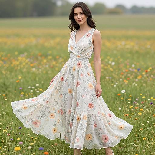Photograph of a dark-haired woman in a white floral dress standing in a colorful meadow, her dress gently blowing in the breeze.