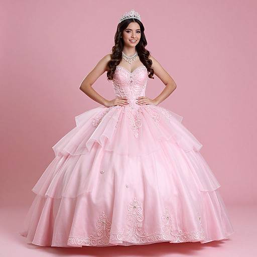 Photograph of a smiling woman with long dark hair, wearing a pink, lace-embellished ball gown and silver tiara, standing against a
