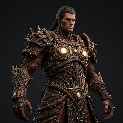 Photorealistic CGI of a muscular, dark-haired man in intricate, spiked, brown metal armor with glowing circular lights, standing against a black background.