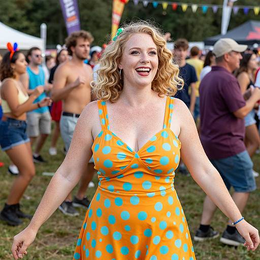 Photograph of a smiling, fair-skinned woman with curly blonde hair, wearing an orange polka dot dress, standing in a lively outdoor festival with